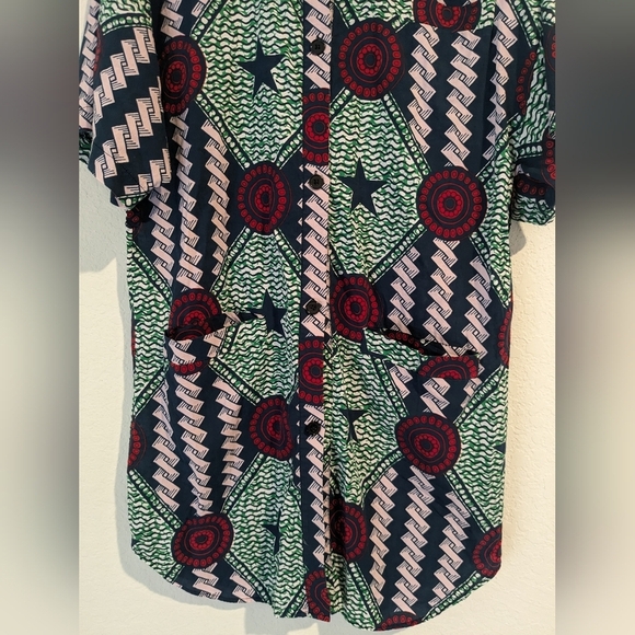 Bimba Y Lola Green Patterned Cotton Short Sleeve Button-Up Shirt Dress Artsy - Picture 8 of 12